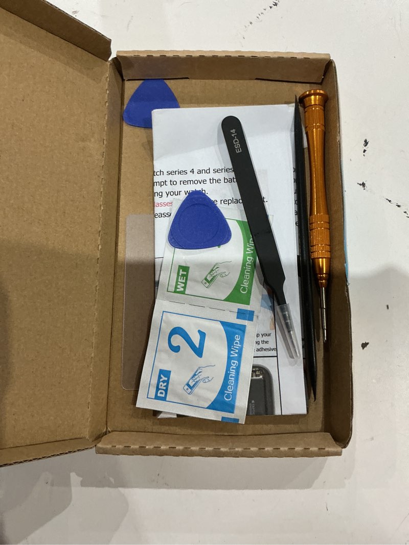 Condition photo showing As Is for battery replacement kits for apple watch series 4 44mm a1976 a2059 with repair tools, installation manual, and lcd adhesive tape