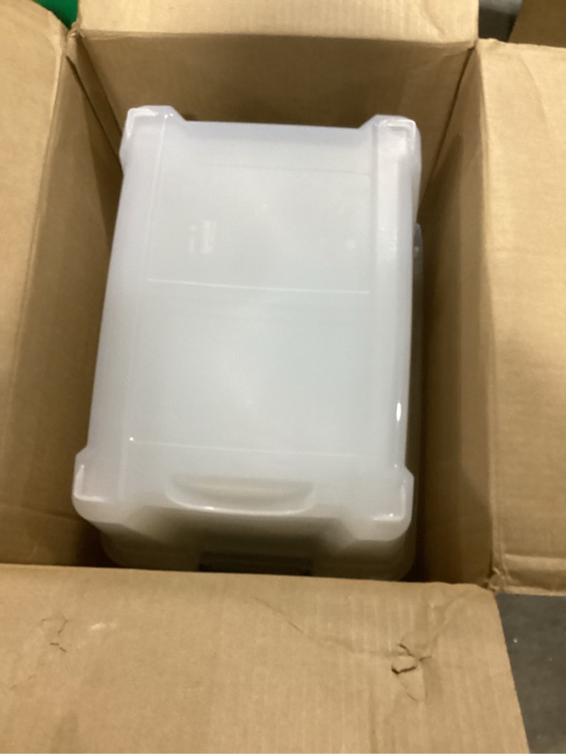 Condition photo showing As Is for IRIS USA 32 QT Plastic Storage Box with Lid and Latches - 6 Pack - BPA-Free, See-Through Organizing Solution, Durable Nestable Stackable Containers, Secure Pull Handle - Clear Clear 32 Qt 6 Pack