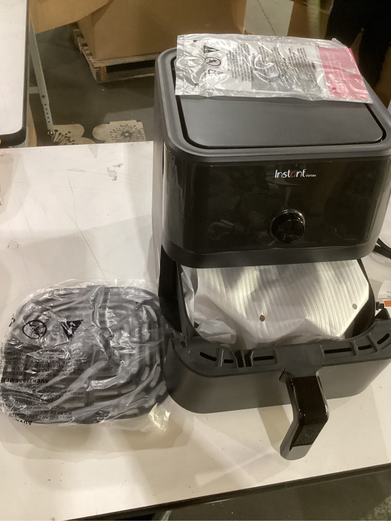 Condition photo showing As Is for not tested**** instant pot vortex 5.7qt air fryer, custom program options, 4-in-1 functions, evencrisp technology that crisps, roasts, bakes and reheats, 100+ in-app recipes, from the makers of instant pot, black