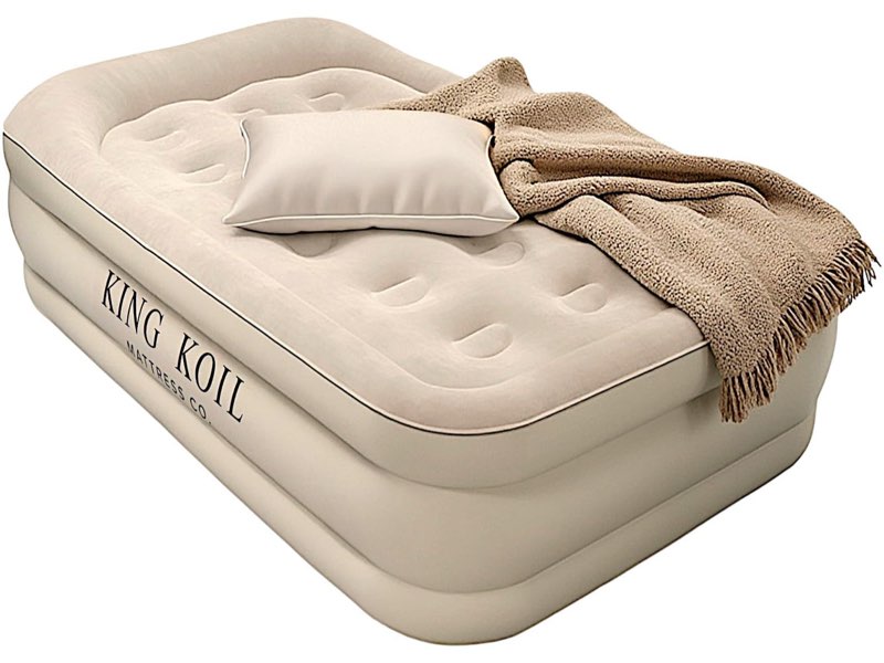king koil luxury queen air mattress with built-in pillow & ultra-fast built-in high-speed pump, 20? inflatable premium airbed, waterproof, adjustable firmness, 1-year manufacturer warranty beigequeen 20\"