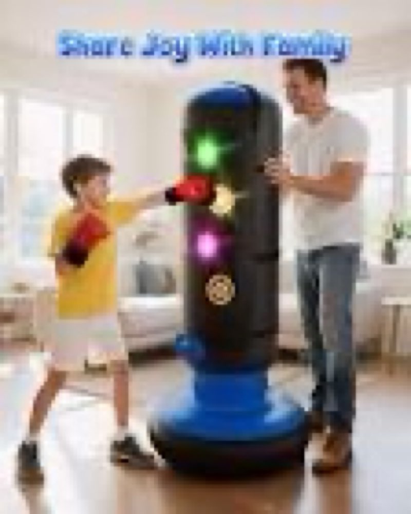 hoperock punching bag for kids, boxing set with scoring, light, music, 4 game modes, inflatable boxi