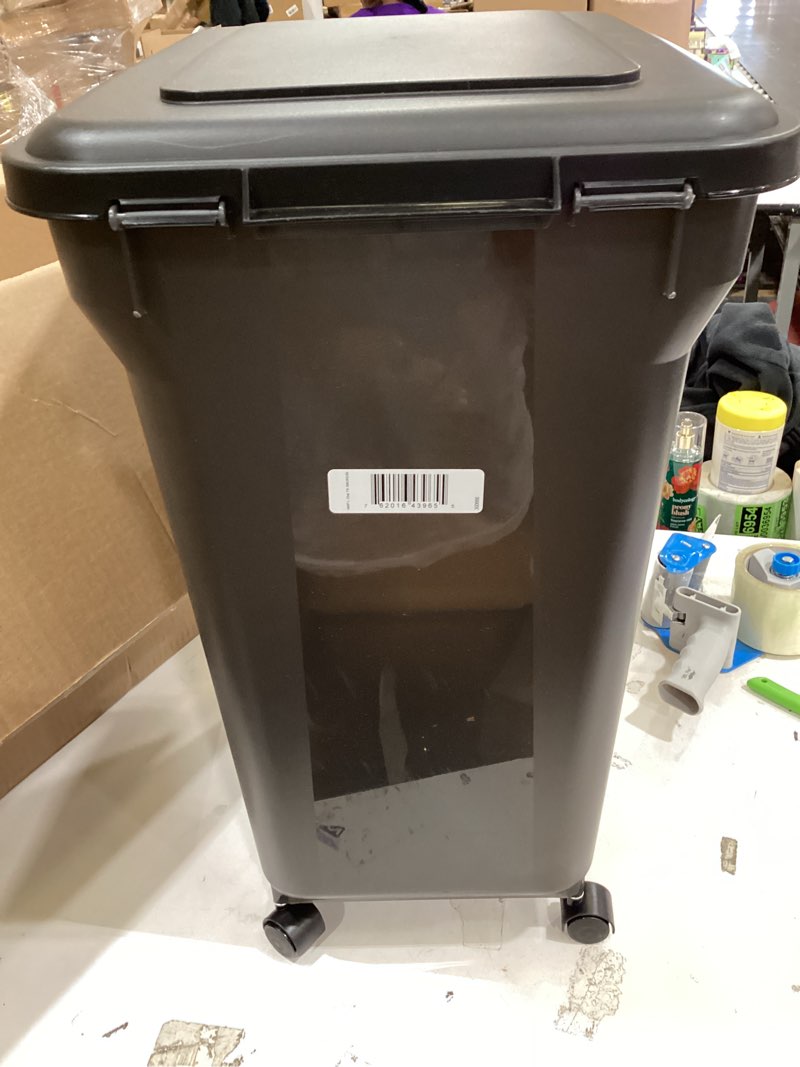 Condition photo showing Good Condition for iris usa airtight dog food storage container, weatherpro, up to 40 lbs, removable wheels, for dog cat bird and other pet food storage bin, keep fresh, translucent body, made in usa, smoke/black 40 lbs smoke