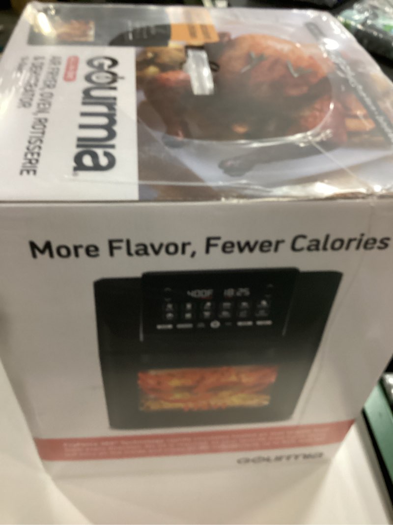 Condition photo showing New/Like New for Gourmia Air Fryer - 14 Qt All-in-One Oven with Rotisserie, Digital Display with 12 Presets, Roast, Bake, Broil, Dehydrate, Dishwasher Safe Accessories, Black