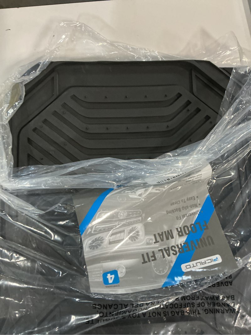 Condition photo showing Good Condition for pic auto heavy duty rubber floor mats, blue aluminum film car mats set, front and rear car mats with anti-slip backing, all weather protection, trim-to-fit for automotive suv, sedan, van