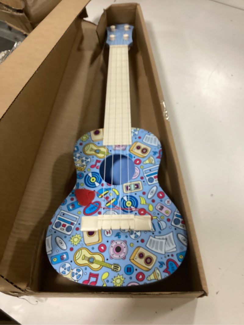 Condition photo showing Good Condition for 21in Colorful Graffiti Ukulele Guitar for Kids, 4 Strings Kids Guitar Ukulele Musical Instruments Learning Educational Toys with Picks for 3 4 5 6 7 8 9 10 11 12 Kids Toddler Boys Girls (Blue)