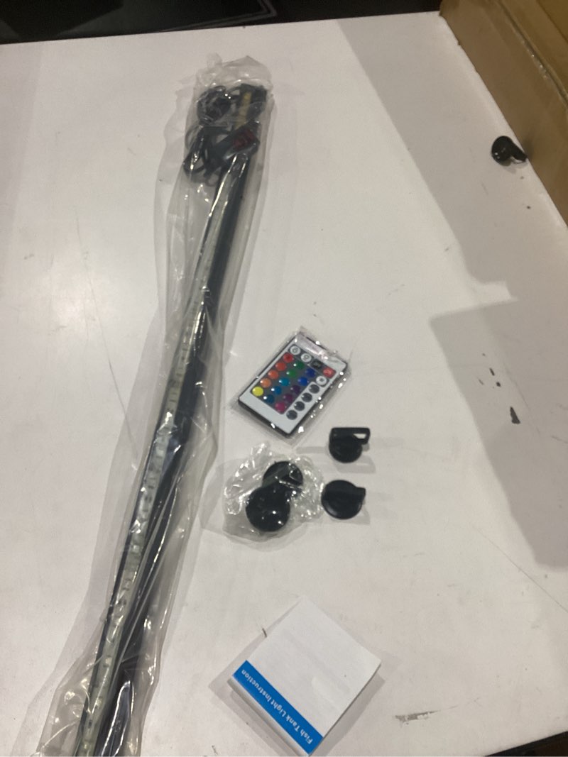 Condition photo showing As Is for 15 inches led aquarium light, 2.5w fish tank light crystal glass lights, 21 led beads 12 colors 19 modes brightness adjustable memory function ip68 15 inch (pack of 1