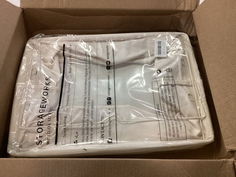 Condition photo showing New/Like New for StorageWorks Fabric Storage Bins, Extra Large Storage Baskets for Shelves, Closet Organizers and Storage Bins with Metal Frame, Handles, Jumbo, Natural Color, 2-Pack Natural Color 19" L x 13 ¼" W x 11" H