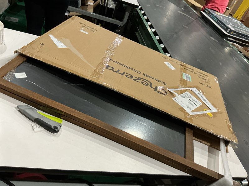 Condition photo showing New/Like New for a frame chalkboard sign, 40"x20" extra large sidewalk chalk board, wooden standing chalkboards set with markers, double-sided magnetic blackboard for cafés, weddings, party guide, brown torched brown