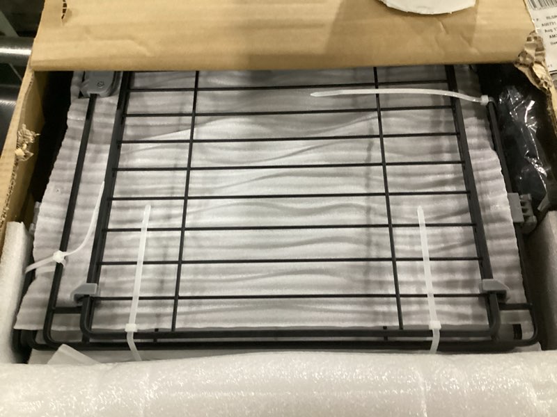 Condition photo showing New/Like New for 24" dog crate for small dogs, double door dog kennel with removable trays & lockable wheels, escape proof metal pet cage, stackable indestructible puppy crate indoor