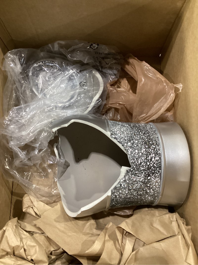 Condition photo showing As Is for creative scents crackled glass silver bathroom accessories set complete - 6 piece bathroom accessory set includes: trash can, tissue box cover, soap dispenser, toothbrush holder, soap dish & tumbler 6 pc set 01