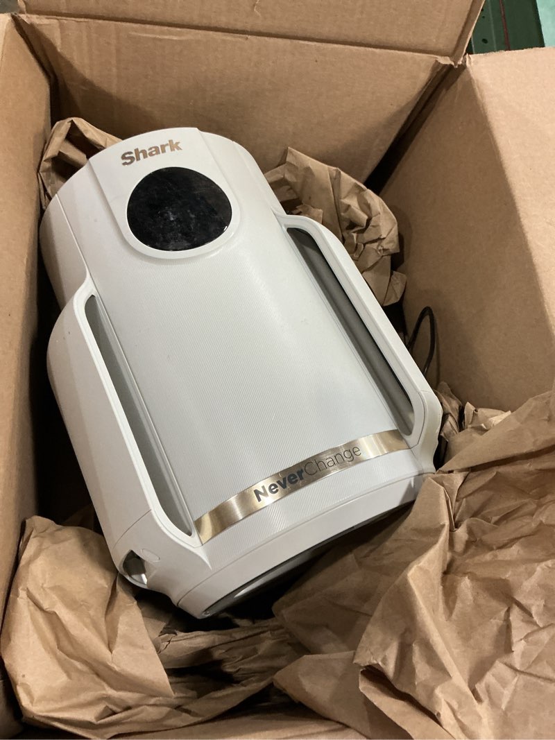 Condition photo showing As Is for shark air purifier for home, neverchange compact pro, for bedroom, nursery, home office, dorm, hepa-exceeding filter, captures pollutants, pet dander, dust, odor, smoke, and more, hp071brn, winter fog winter fog (250 sq. ft)