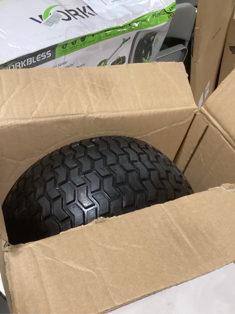 Condition photo showing As Is for marathon 13x6.50-6" flat free lawnmower tire on wheel, 3" hub, 3/4" bushings