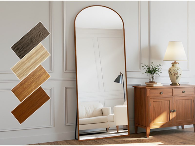 Arched 19x57 Inch Full Length Mirrors Aluminium Frame in Classic Yellowish Brown Wood Looking Free S