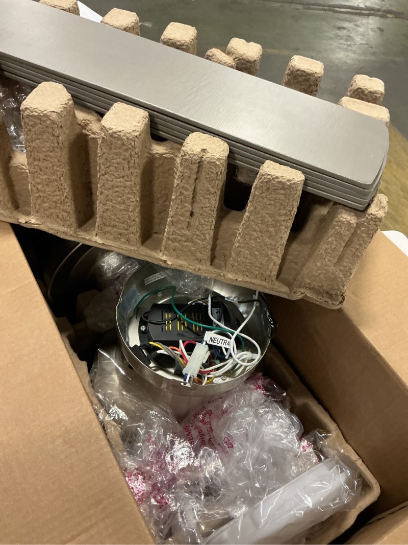 Condition photo showing As Is for Harbr.Breeze Calverton Easy2Hang 52-in Color-Changing Integrated LED Flush Mount Brushed Nickel with Light Brown Woodgrain/Gray Blades Ceiling Fan With Light - Remote Included (5 -Blade)