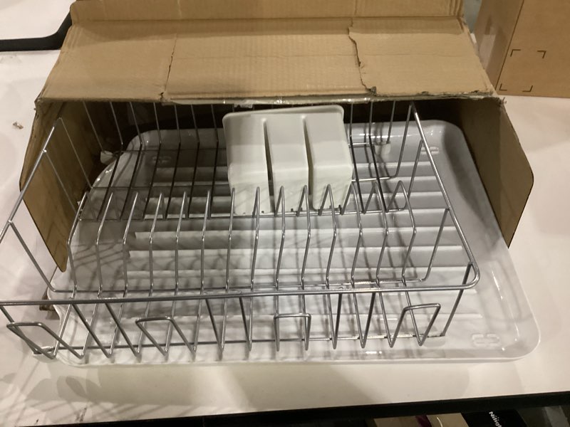 Condition photo showing Good Condition for farberware classic large rust resistant full dishrack with removable 3 compartment flatware caddy, andlged drain board, 3-piece, white white dish rack set