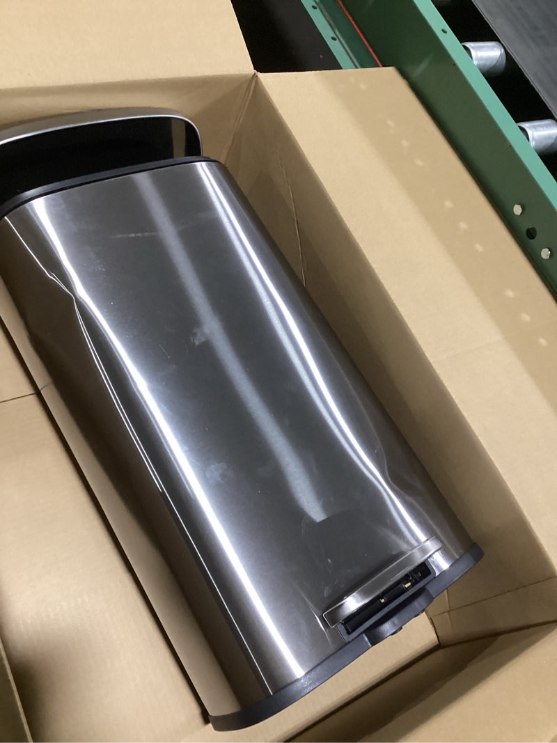 Condition photo showing Good Condition for Amazon Basics Smudge Resistant Rectangular Trash Can With Soft-Close Foot Pedal, Brushed Stainless Steel, 30L/7.9 Gal, 13.8x11.8x25 in, Satin Nickel Finish Satin Nickel Middle, 30L/7.9 Gal