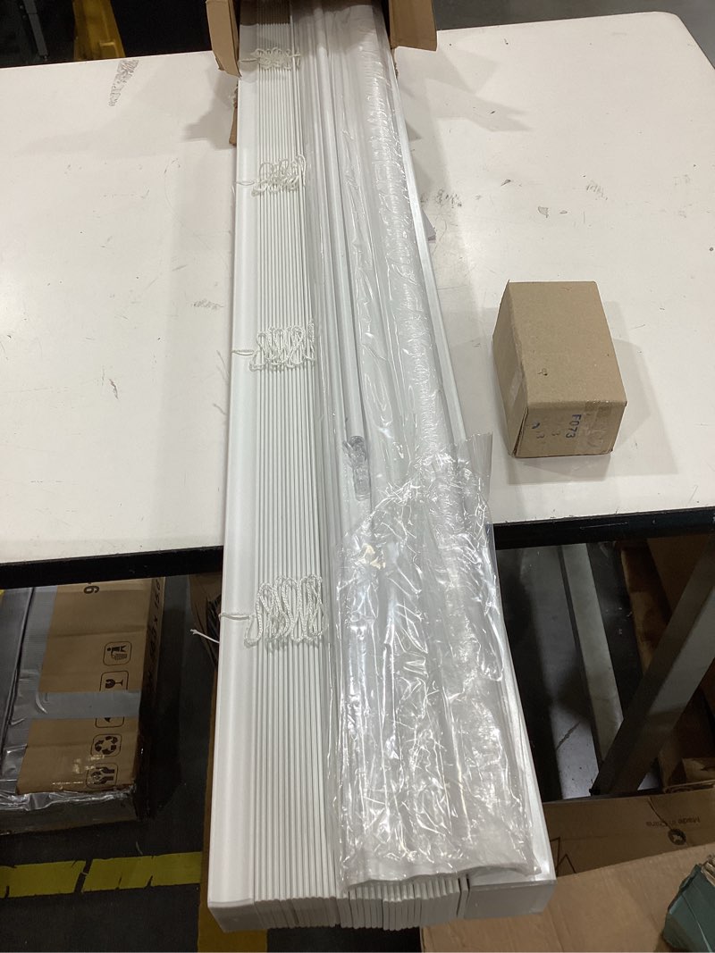 Condition photo showing As Is for lotus & windoware cordless, 2 inch faux wood blind, 39" wide x 60" long, smooth, bright white 39" x 60" bright white