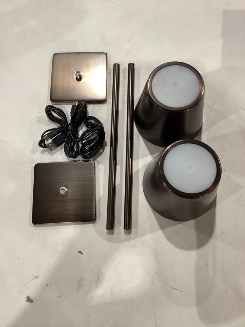 Condition photo showing As Is for ume 3 pack cordless table lamp, battery operated lamp - portable waterproof rechargeable table lamp w/ 3 color temps & stepless dimming for dinner, desk, cafe, outdoor (brushed bronze | coffee tonal) brushed bronze 3 pack