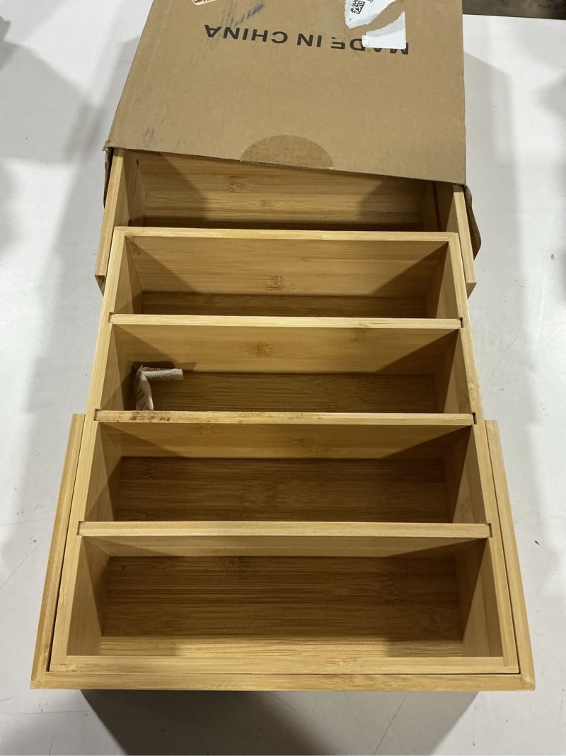 Condition photo showing Good Condition for retro shaw lid organizer for cabinet, bamboo expandable kitchen organizer with 3 adjustable dividers for plastic lids, large food storage container lid holder for drawer, countertop, pantry