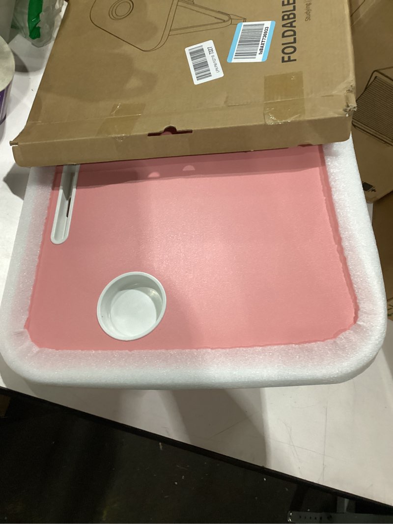 Condition photo showing Good Condition for foldable lap desk, laptop bed desk, portable lap table, laptop bed table with cup holder & tablet slot & lifting handle for working writing drawing & eating - pink