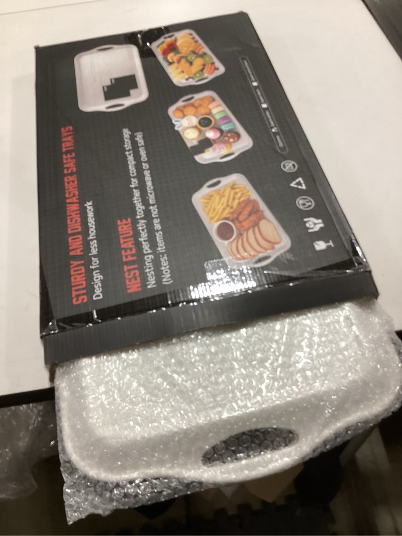 Condition photo showing New/Like New for Extra Large 20" x 13" Serving Platters for Turkey, Cookie, Cupcakes, Gift Ready Melamine Serving Tray with Handles for Party Entertaining, Raised Dots & Matt Finish, Set of 2, White