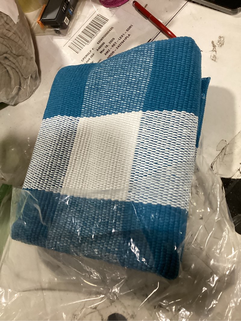 Condition photo showing Good Condition for ckorzen blue and white plaid rug, 28" x 43" spring outdoor front porch door decor mat, washable cotton woven farmhouse area rug for layered door mats carpet, entryway, easter décor 2'4" x 3'7" (rectangular) blue & white