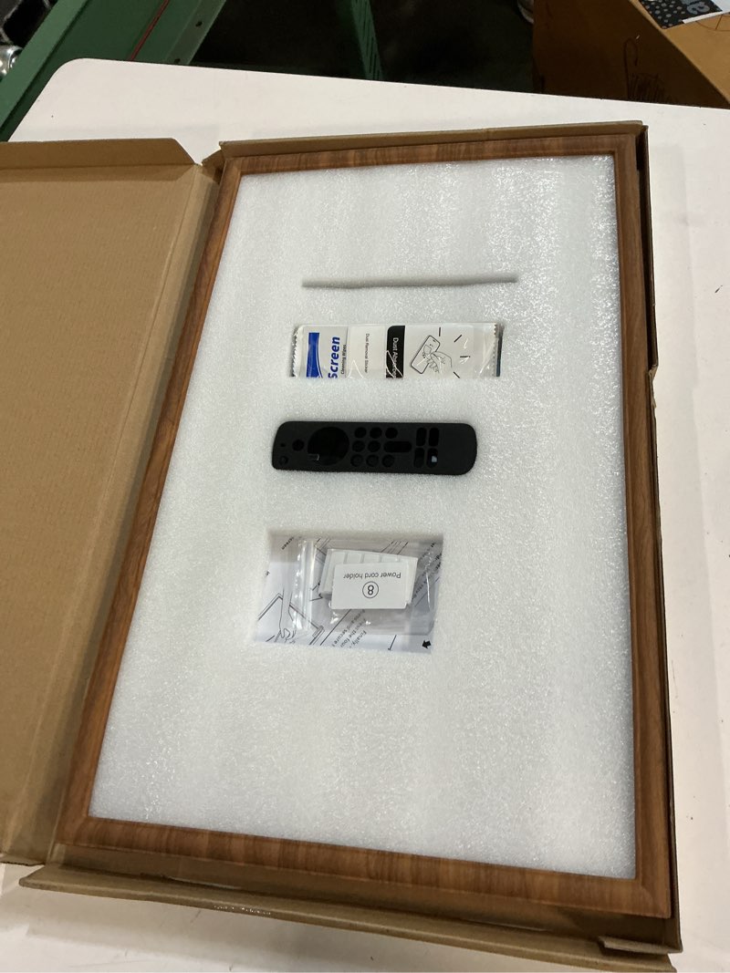 Condition photo showing Good Condition for wood grain frame for echo show 21,include screen protector,magnet stylus,magnet remote case, setup toolkit. stylus and remote case are magnetically attached to the frame.(light brown)