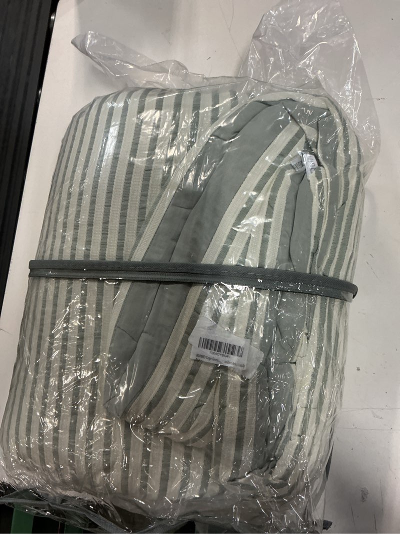 Condition photo showing Good Condition for sage green queen size comforter set striped 100% soft washed microfiber jacquard 3 pieces striped bedding sets green white comforter queen for all seasons and 2 pillowcases comfort breathable sage green striped queen(90\\\"x90\\\")
