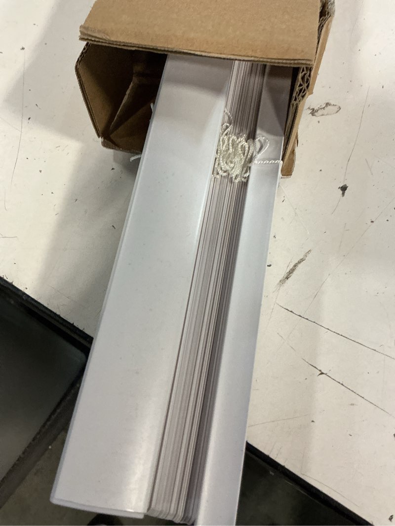 Condition photo showing As Is for chicology cordless mini blinds for indoor windows, 42" w x 36" h, white vinyl 1" slats with tilt wand, light filtering to room darkening, moisture-resistant, child-safe, screw-mount installation 42"w x 36"h white (commercial grade)