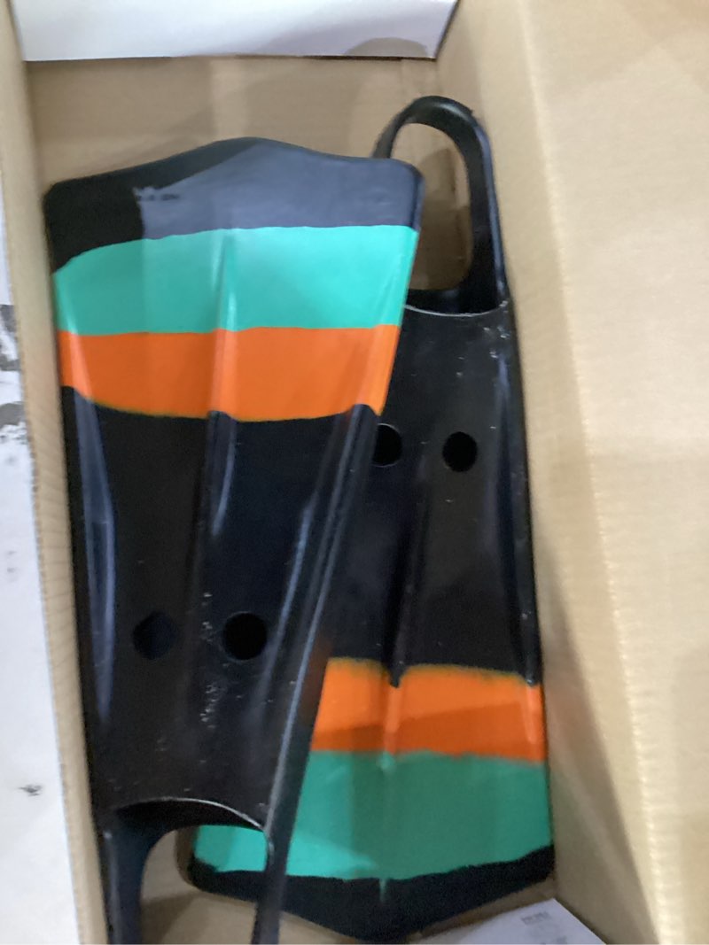 Condition photo showing Good Condition for voit duck feet swim fins - full-floating rubber design for maximum propulsion & all-day comfort - versatile training swim fins for snorkeling, surfing & more - black, orange & teal - size l (7-8)