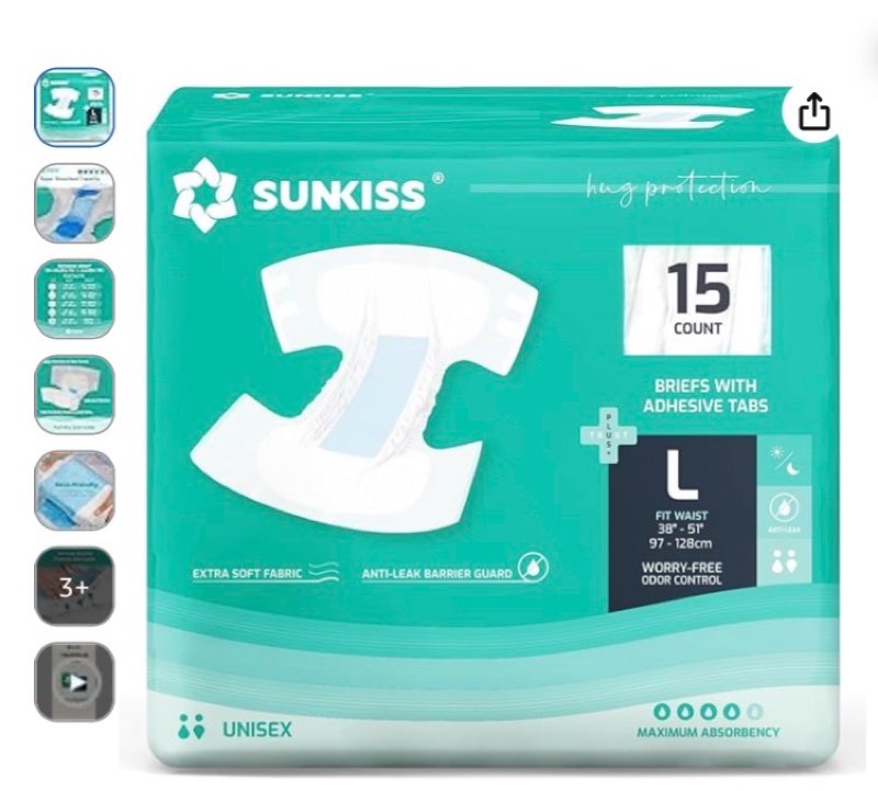 sunkiss trustplus adult diapers with maximum absorbency, unisex disposable incontinence briefs with tabs for men and women, odor control, large, 15 count