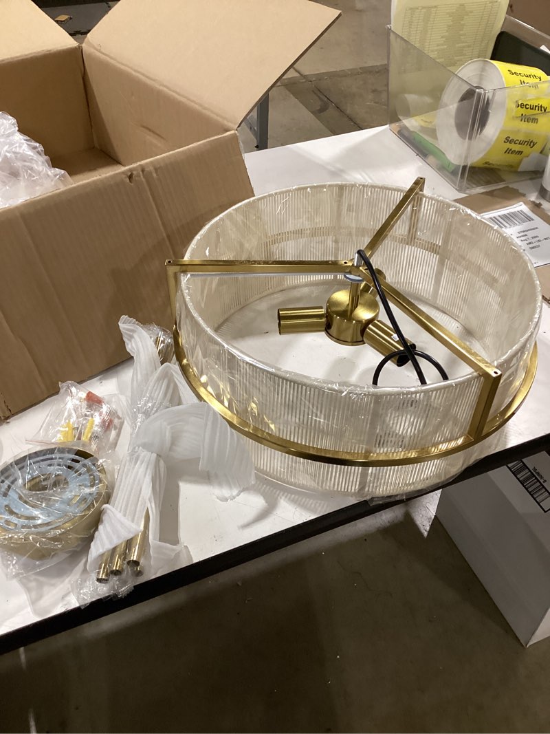 Condition photo showing Good Condition for 15.7" modern boho drum chandelier ceiling light fixture, 3-light pendant light with hand-woven rope shade, adjustable gold metal frame chandelier for kitchen island dining room bedroom foyer entryway white+gold