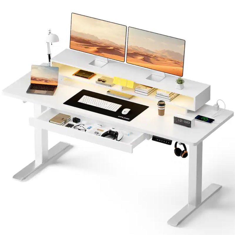 GTPlayer - 55 x 24 Inch Electric Standing Desk with Drawers,Power Outlets & LED Lights Home Office Sit Stand Up Desk - White