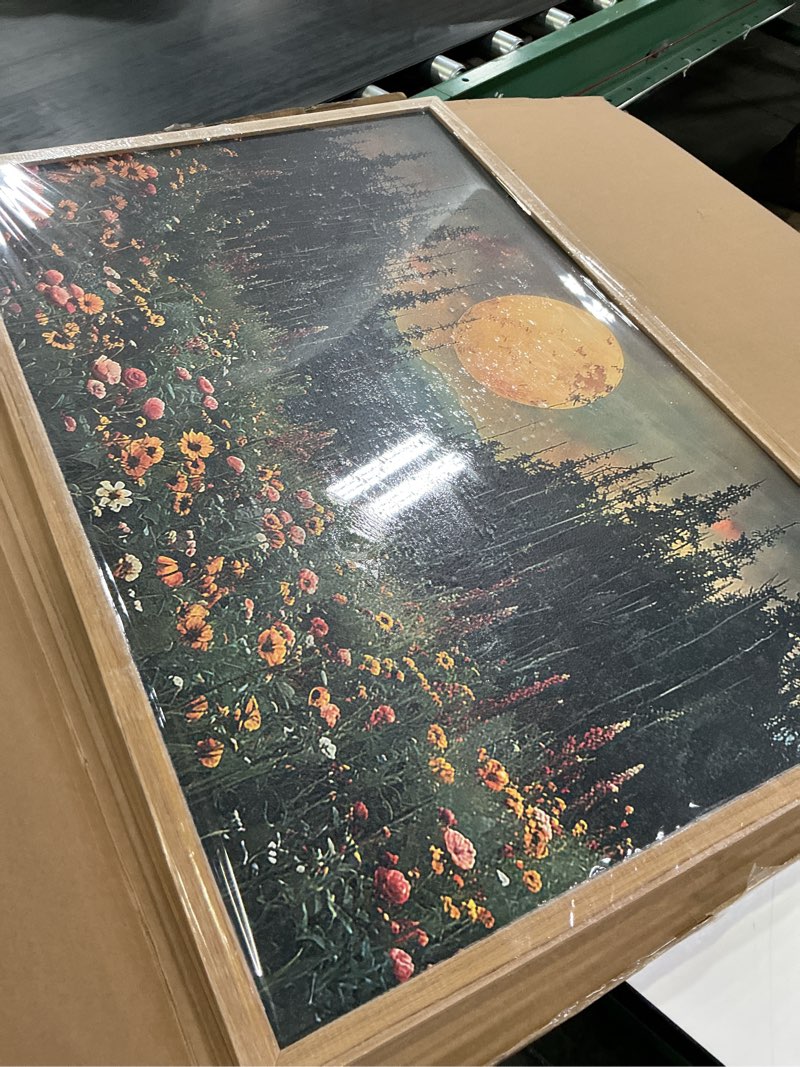 Condition photo showing New/Like New for vintage forest moon wall art, nature pine tree woodland wall decor paintings, dark cottagecore landscape 3d textured hand drawn sandstone artwork for bedroom living room 24x36 inch wood framed