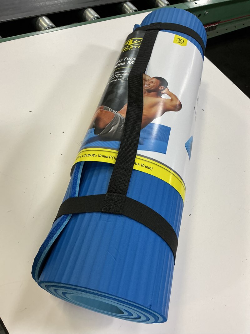 Condition photo showing Good Condition for athletic works two tone fitness mat, 10mm, 72inx24in, blue color, nbr foam, with carry strap