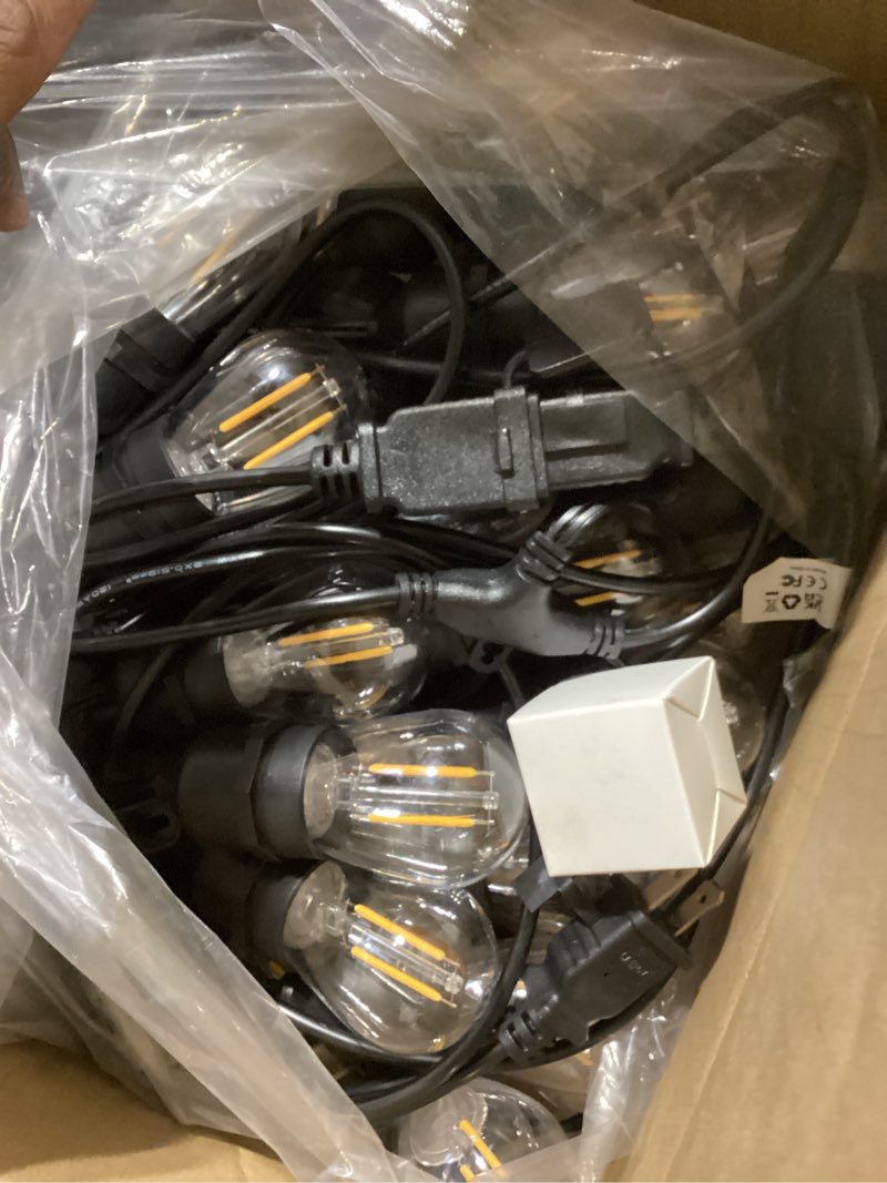 Condition photo showing Good Condition for 100ft s14 outdoor string lights, 64+4 shatterproof bulbs 2w, 1.5ft spacing ip65 waterproof| dimmable with remote, heavy-duty, include screw & zip ties for patio backyard holiday outside 100 ft with 64+4 bulbs (1.5ft bulbs apart)