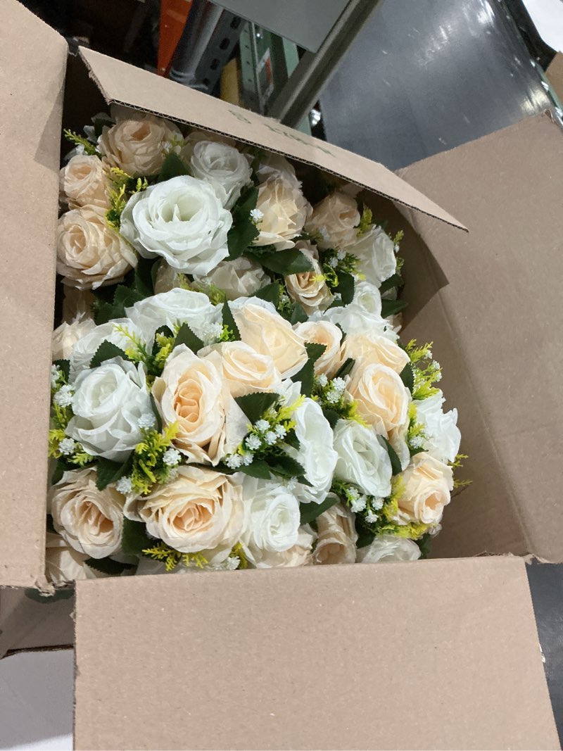 Condition photo showing Good Condition for 10pcs artificial flower ball arrangement, 15 flower heads wedding roses bouquet with base suitable for parties valentine's day wedding centerpieces and home decor (champagne & white