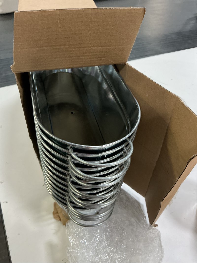 Condition photo showing Good Condition for gejoy 12 pcs small galvanized oval planters with handles - rustic tub flower pot, silver metal buckets for outdoor farmhouse decorations, 11.42 x 3.94 x 2.99 inch