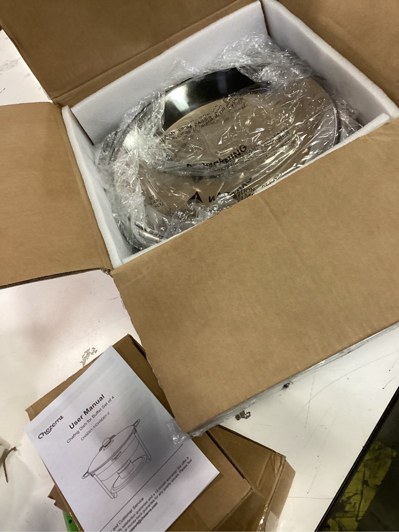 Condition photo showing New/Like New for Chafing Dishes for Buffet, 4 Pack 5QT Round Stainless Steel Chafing Dish Set with Lid Holder for Hom