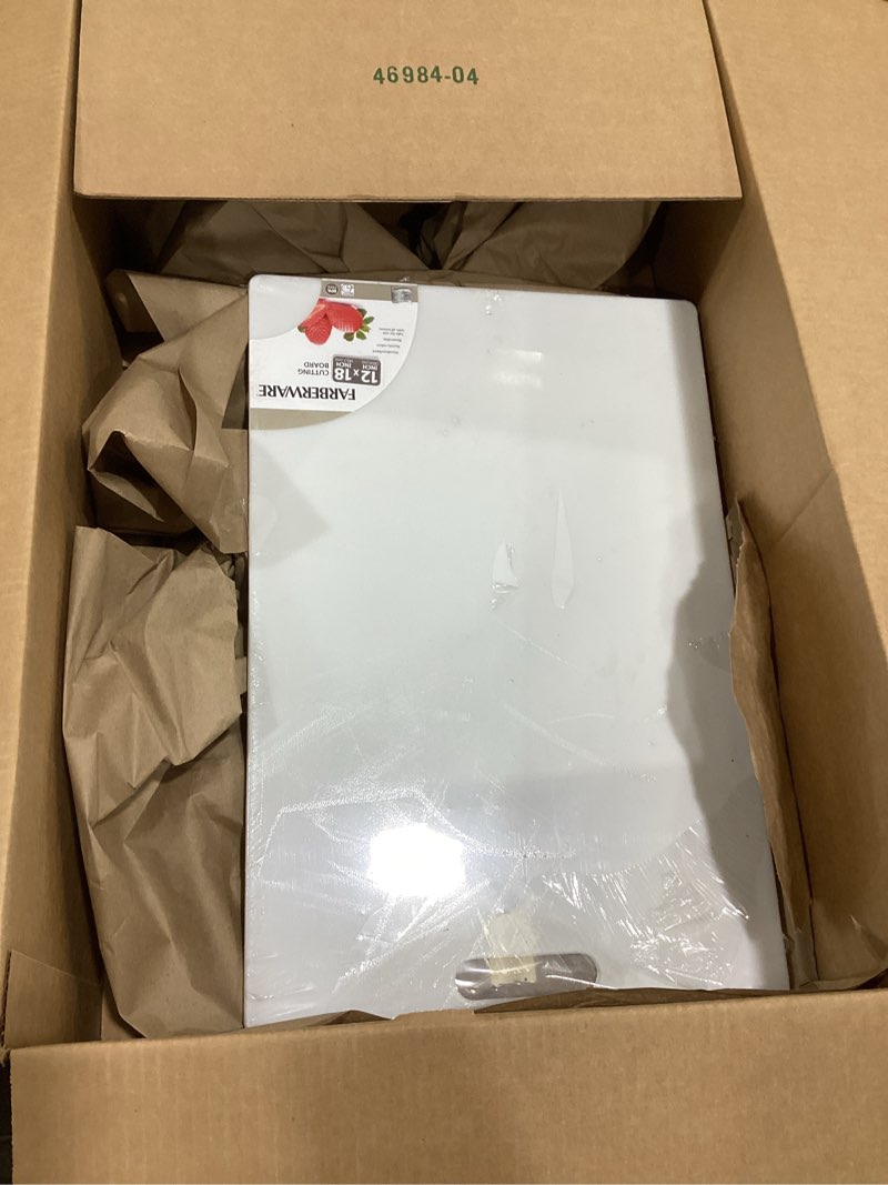 Condition photo showing As Is for Farberware Extra-Large Plastic Cutting Board, Dishwasher- Safe Poly Chopping Board for Kitchen Meal Prep with Easy Grip Handle, 12-inch by 18-inch, White 18"L x 12"W Cutting Board