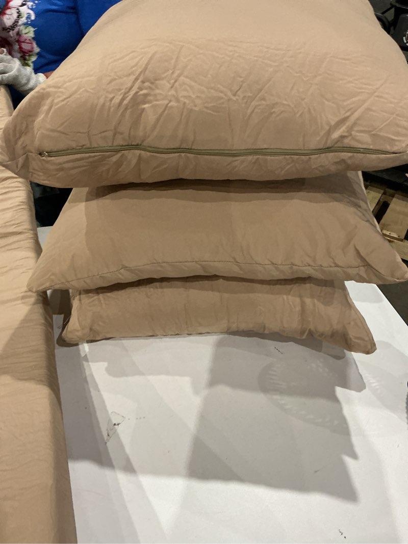 Condition photo showing Good Condition for tan patio bench cushion with three pillows