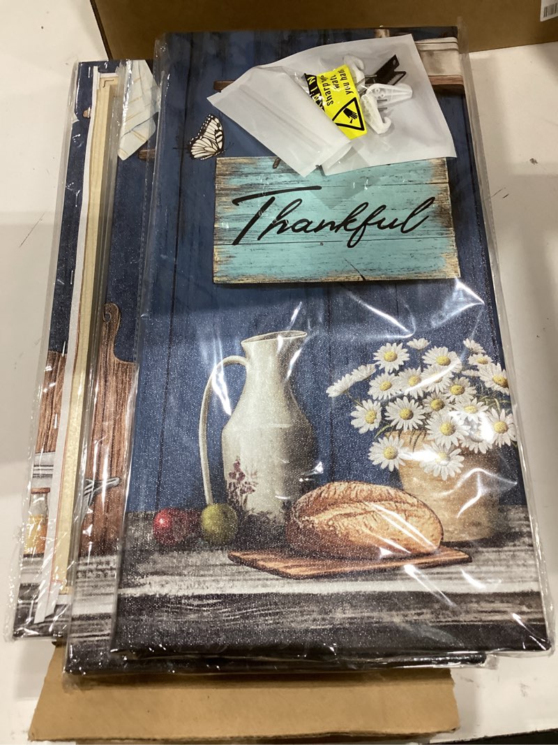 Condition photo showing New/Like New for sechars farmhouse kitchen wall art thankful blessed grateful signs decor canvas print blue wood background rustic home decor set of 3