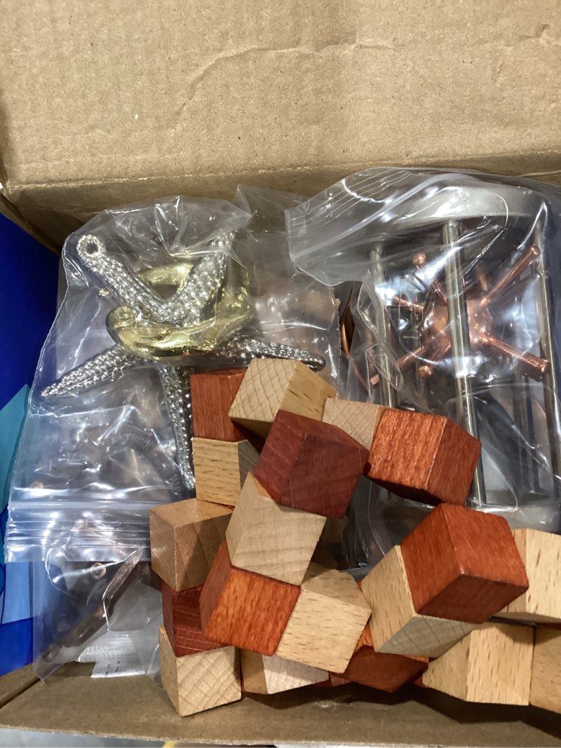 Condition photo showing Good Condition for cudny 7 pieces cool mind puzzles unlock interlock brain teaser games for adults and kids wooden and metal puzzles iq logic fun box set a