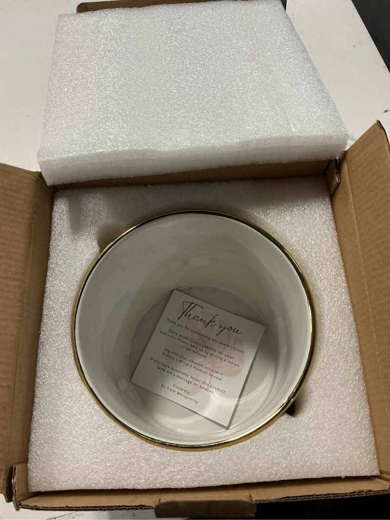 Condition photo showing Good Condition for Modern Ceramic Kitchen Utensil Holder - White with Gold Rim with Non-Slip Base - Elegant Caddy for Cooking Tools and Serveware