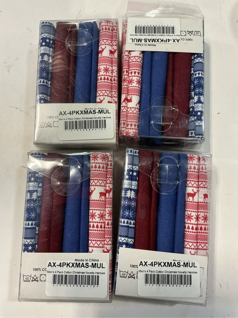 Condition photo showing New/Like New for men's 4 pack cotton christmas novelty hankies (pack of 4)