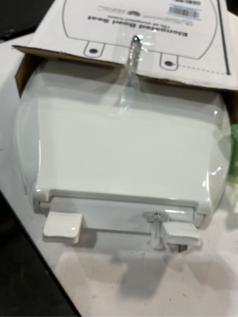 Condition photo showing As Is for kohler 4636-rl-0 cachet readylatch elongated toilet seat slow close, soft close toilet seat quiet lid, contoured grip-tight bumpers installation hardware, apartment essentials, white white elongated ready latch