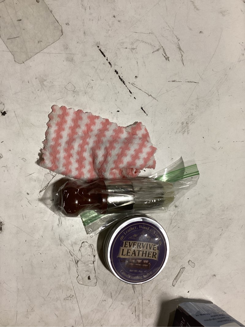 Condition photo showing As Is for leather & wood restoring salve - 4oz furniture polish & conditioner with applicator brush & microfiber towel, for leather couches, car seats, wood tables & vinyl