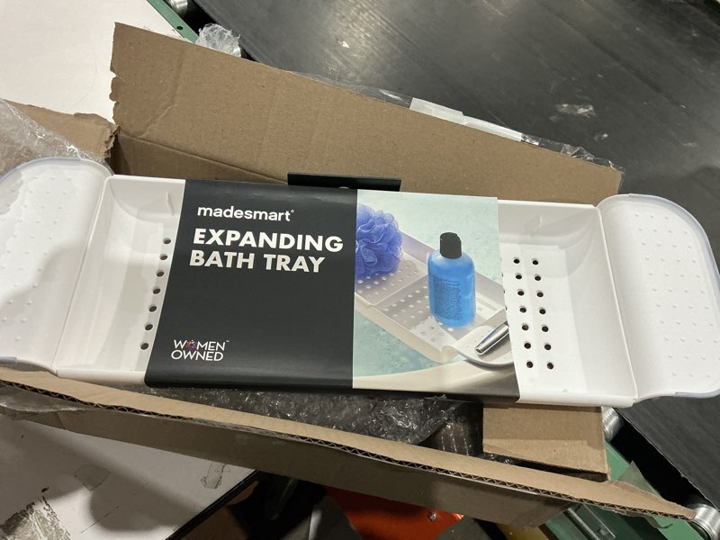 Condition photo showing Good Condition for madesmart expandable bath shelf, adjustable bathtub tray for bath-night, holds glasses, soaps, toys & bath essentials, non-slip grip, fits most tubs, blue white/blue