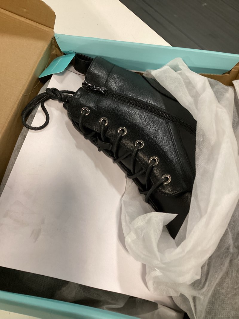 Condition photo showing New/Like New for women's lace-up combat ankle boots with chunky platform heel | comfortable military-style booties, side zipper and memory foam insole, for city days, concerts and relaxed fall outfits