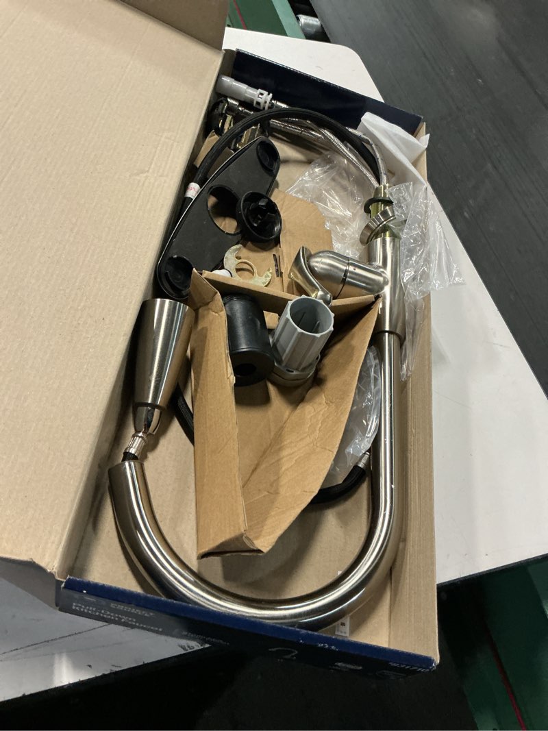 Condition photo showing As Is for project source tucker stainless steel single handle pull-down kitchen faucet with sprayer (deck plate included)